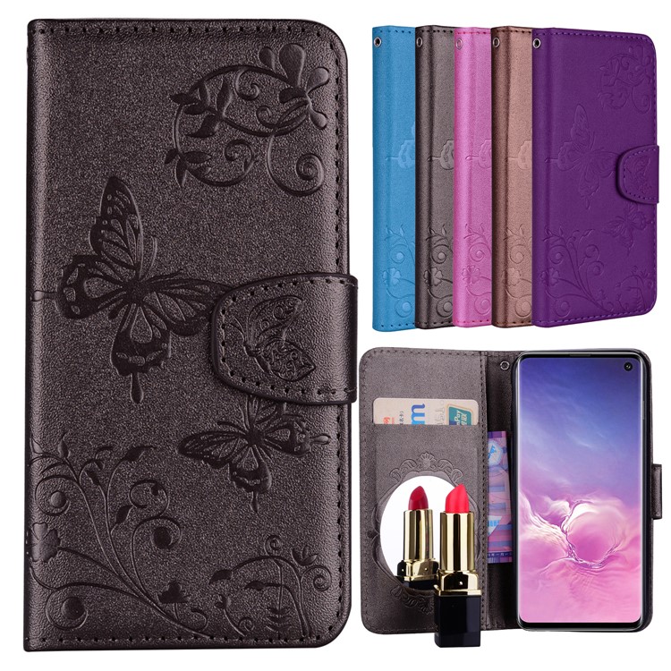 Imprinted Butterfly Flower Pattern Leather Wallet Case for Samsung Galaxy S10e - Black-1