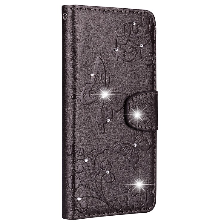 Imprinted Butterfly Flower Pattern Rhinestone Leather Wallet Case for Samsung Galaxy S10 Plus - Black-3