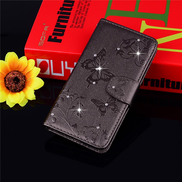 Imprinted Butterfly Flower Pattern Rhinestone Leather Wallet Case for Samsung Galaxy S10 Plus - Black-8