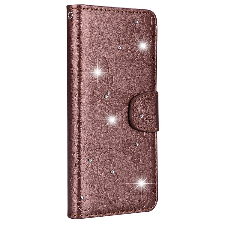 Imprinted Butterfly Flower Pattern Rhinestone Leather Wallet Shell Cover for Samsung Galaxy S10e - Brown-3