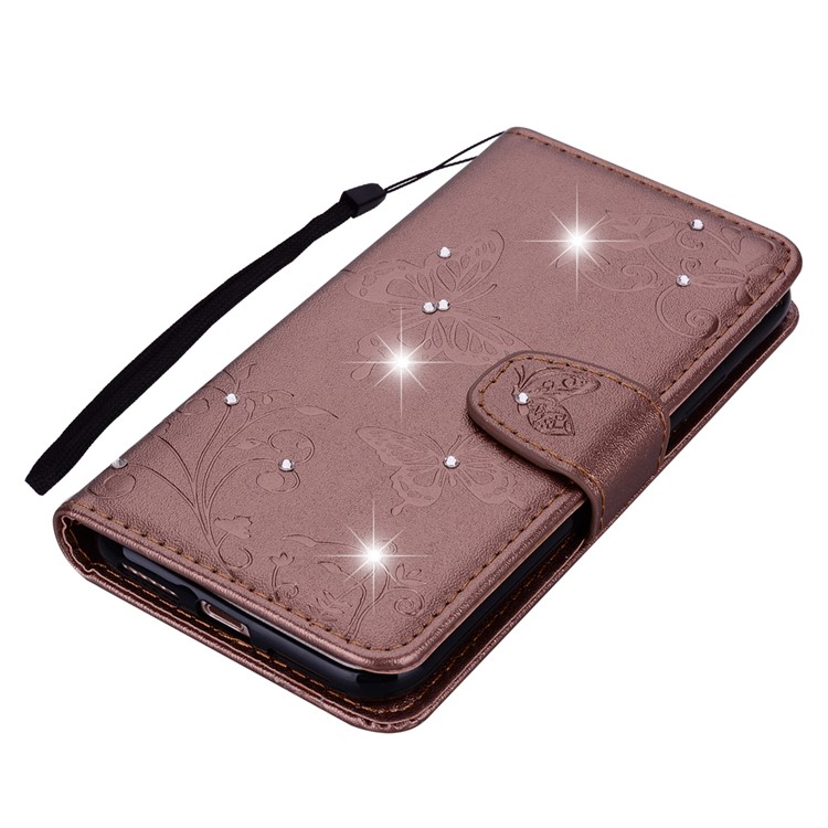 Imprinted Butterfly Flower Pattern Rhinestone Leather Wallet Shell Cover for Samsung Galaxy S10e - Brown-4