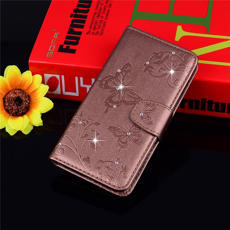 Imprinted Butterfly Flower Pattern Rhinestone Leather Wallet Shell Cover for Samsung Galaxy S10e - Brown-8