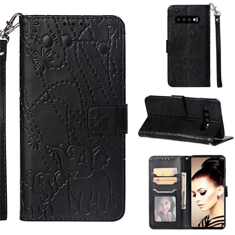 Imprinted Elephant Pattern Leather Wallet Case for Samsung Galaxy S10 - Black-1