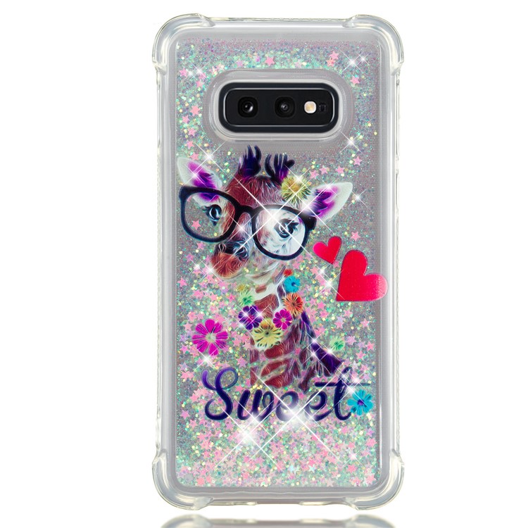 Dynamic Glitter Powder Heart Shaped Sequins TPU Case for Samsung Galaxy S10e - Giraffe Wearing Glasses-2