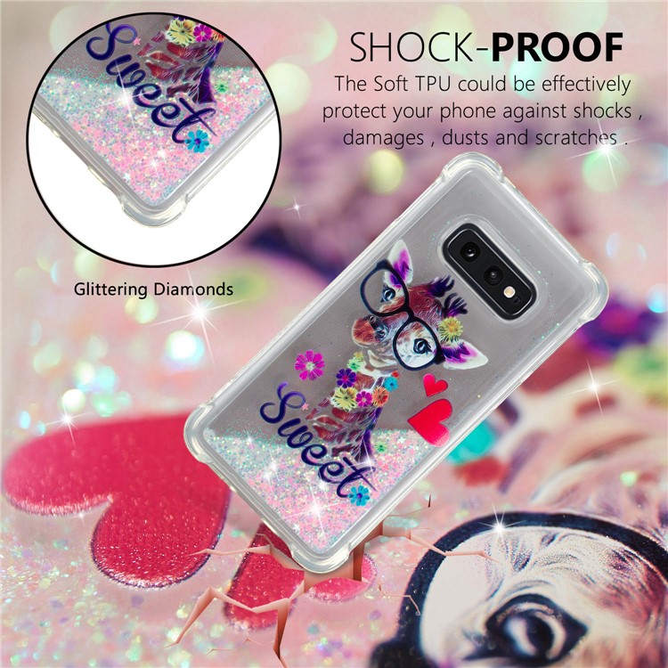 Dynamic Glitter Powder Heart Shaped Sequins TPU Case for Samsung Galaxy S10e - Giraffe Wearing Glasses-4