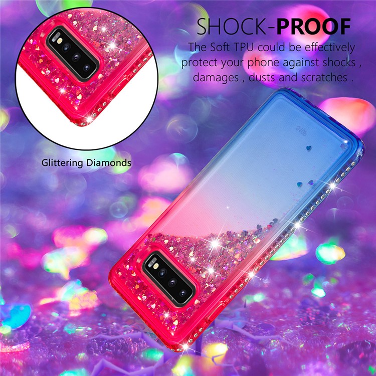 For Samsung Galaxy S10 Plus TPU Case Rhinestone Decor Gradient Glitter Powder Quicksand Cover - Red/Blue-4