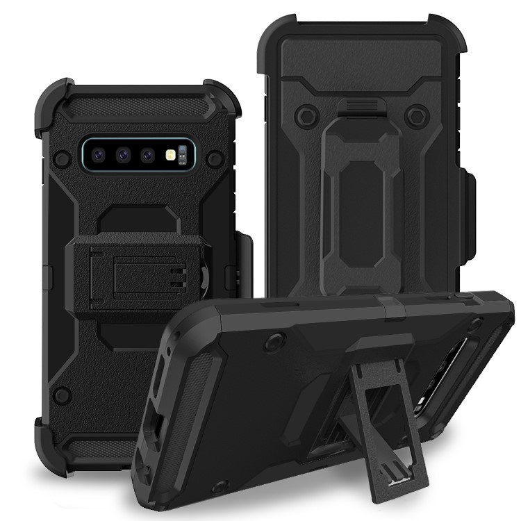 Kickstand PC+TPU Hybrid Shell Case for Samsung Galaxy S10 Plus Carbon Fiber Texture Belt Clip Holster Cover-6