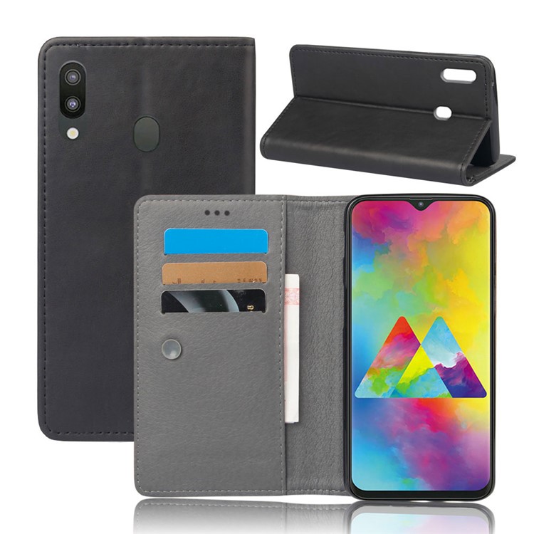 Crazy Horse Leather Flip Case with Suction Cup for Samsung Galaxy M30 - Black-1