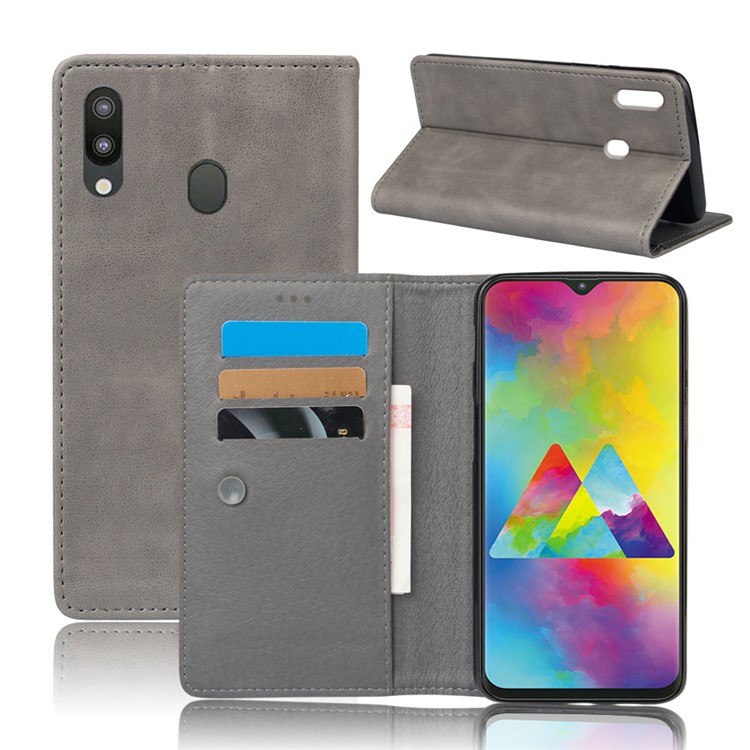 

Crazy Horse Leather Flip Case with Suction Cup for Samsung Galaxy M30 / A40s - Grey, Galaxy M30
