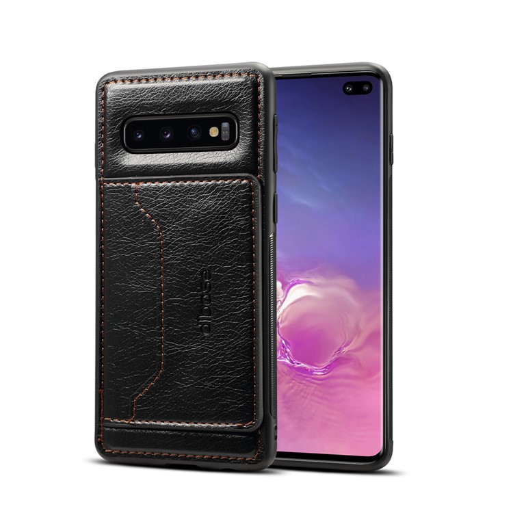 Crazy Horse Leather Coated Card Holder Kickstand TPU Cover for Samsung Galaxy S10 Plus - Black-1