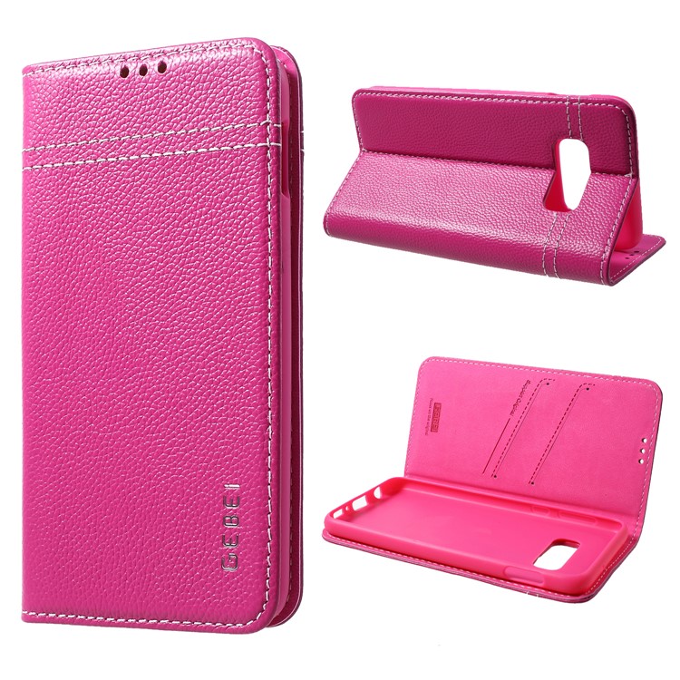 GEBEI Litchi Texture Genuine Leather Flip Cover with Card Holder for Samsung Galaxy S10e - Rose-1