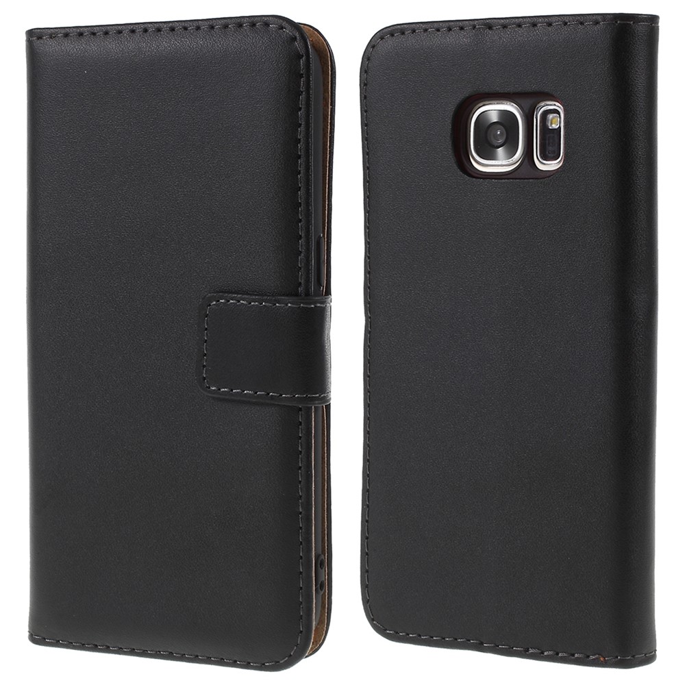 Genuine Split Leather Wallet Case Stand for Samsung Galaxy S7 G930 - Black-1