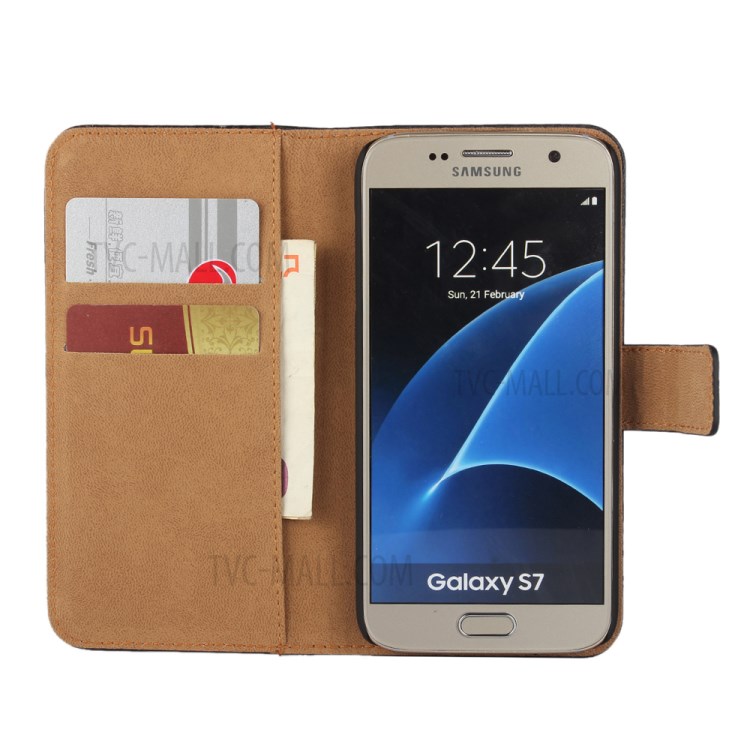 Genuine Split Leather Wallet Case Stand for Samsung Galaxy S7 G930 - Black-10