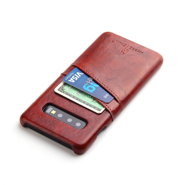 Oil Wax Card Holder PU Leather Coated PC Case for Samsung Galaxy S10 - Brown-2