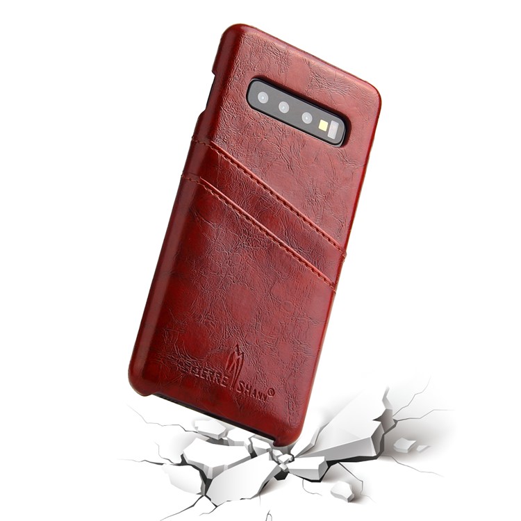 Oil Wax Card Holder PU Leather Coated PC Case for Samsung Galaxy S10 - Brown-5