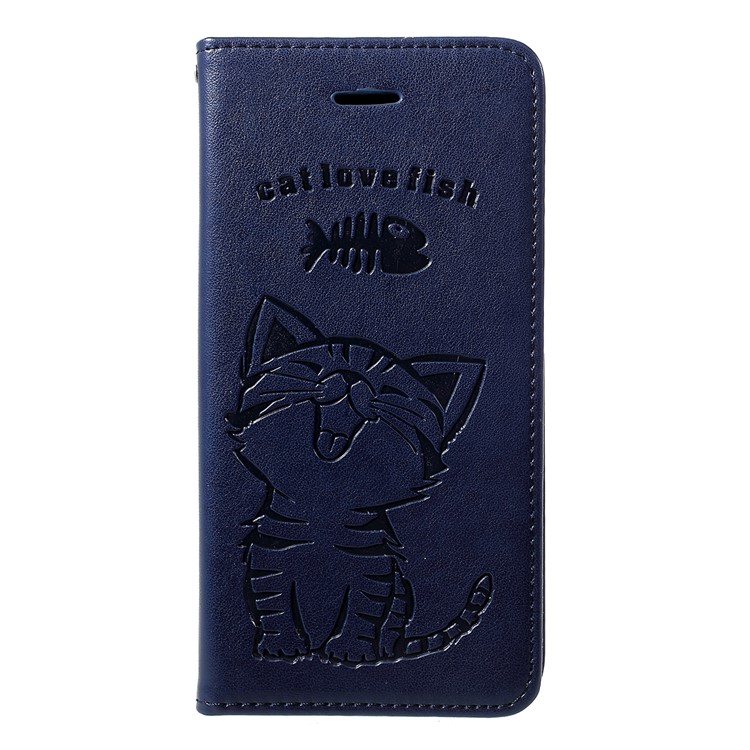 

Imprint Cat and Fish Bone [Wallet Stand] Leather Phone Shell for Samsung Galaxy M20 - Dark Blue, Galaxy M20