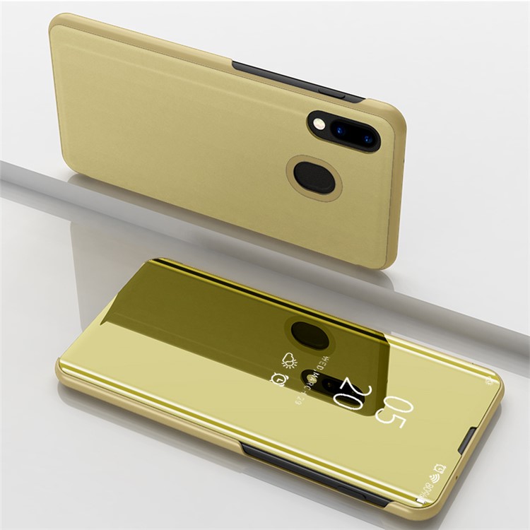 

Electroplating Mirror Surface View Window Leather Stand Case for Samsung Galaxy M20 - Gold, Galaxy M20