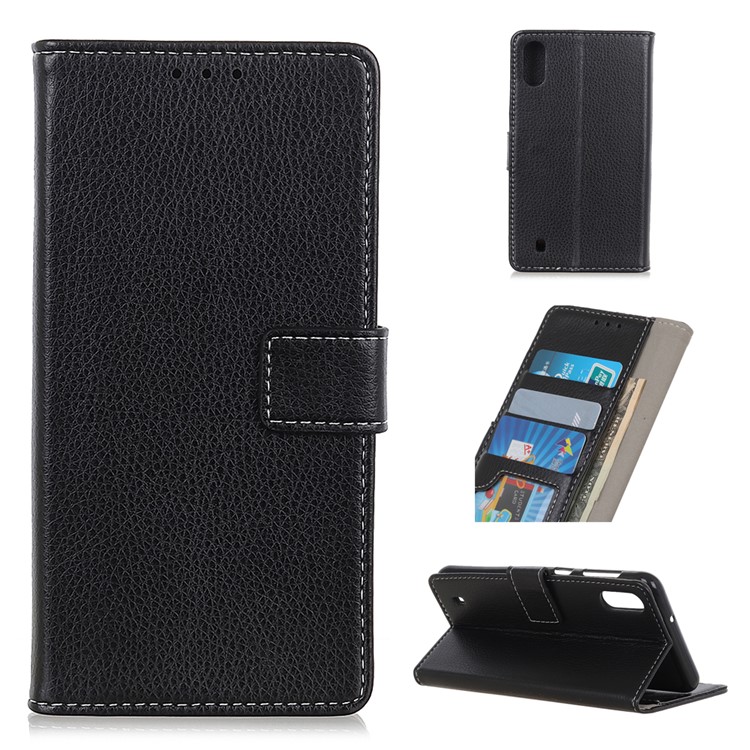 Litchi Grain Wallet Stand Leather Mobile Casing for Samsung Galaxy A10 - Black-1