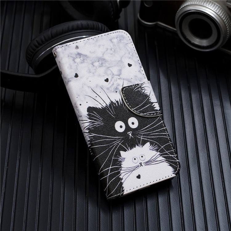 For Samsung Galaxy S10 Pattern Printing Wallet Stand Case with Strap - Black and White Cat-7