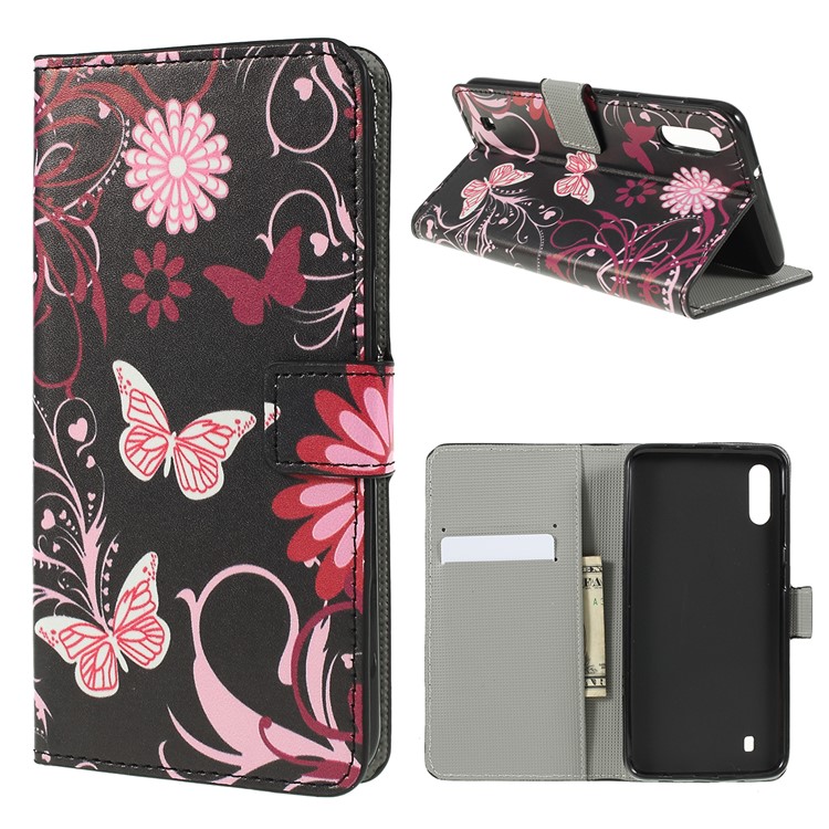 

For Samsung Galaxy M10 Pattern Printing Wallet Stand Leather Shell - Butterfly and Flower, Galaxy M10