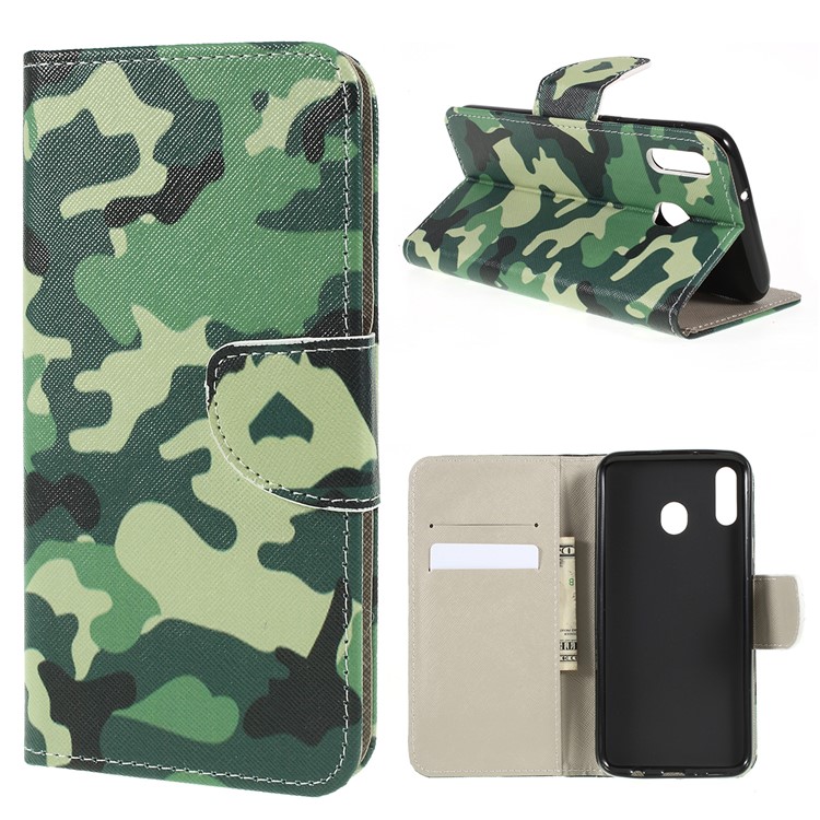 For Samsung Galaxy M20 Cross Texture Patterned Leather Wallet Cover - Camouflage-1