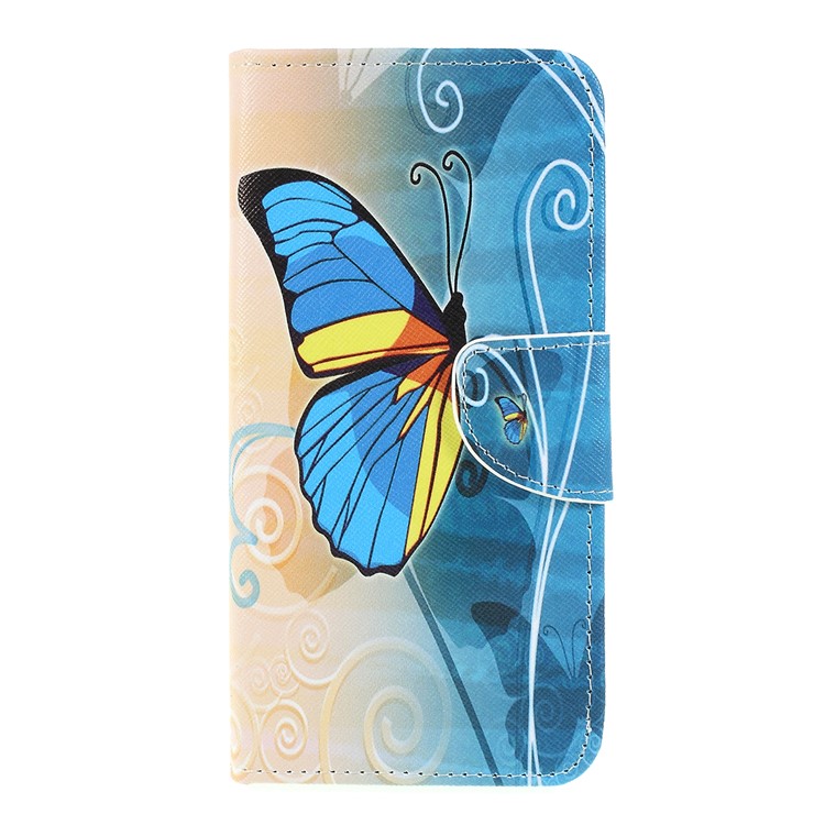For Samsung Galaxy M20 Cross Texture Patterned Leather Wallet Cover - Blue Butterfly-1