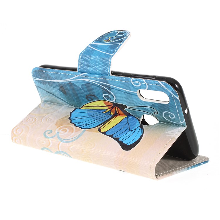 For Samsung Galaxy M20 Cross Texture Patterned Leather Wallet Cover - Blue Butterfly-3