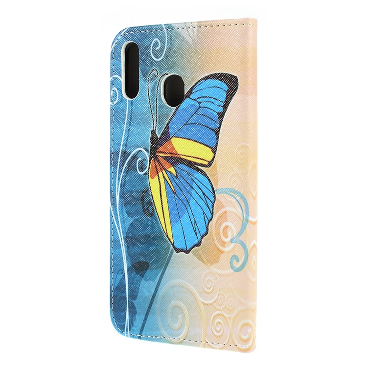 For Samsung Galaxy M20 Cross Texture Patterned Leather Wallet Cover - Blue Butterfly-5