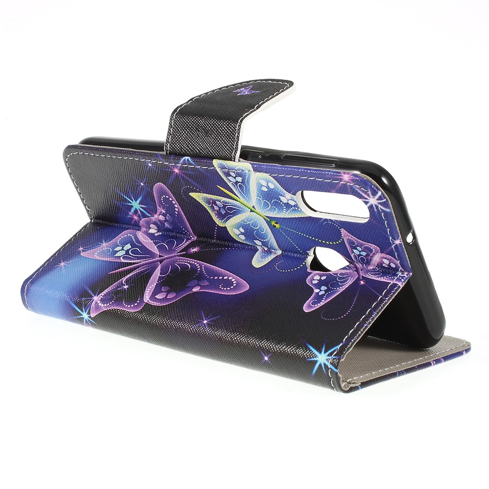 Funda Billetera De Cuero Estampada Con Textura Cruzada Para Samsung Galaxy M20 - Hermosa Mariposa-3