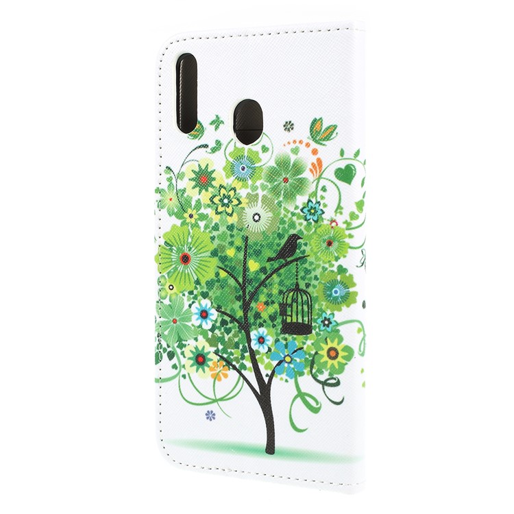 Für Samsung Galaxy M20 Geldbörse Aus Leder Mit Kreuzstruktur - Grüne Blume Baum-5