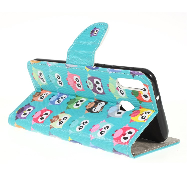For Samsung Galaxy M20 Cross Texture Patterned Leather Wallet Cover - Cute Owls-3
