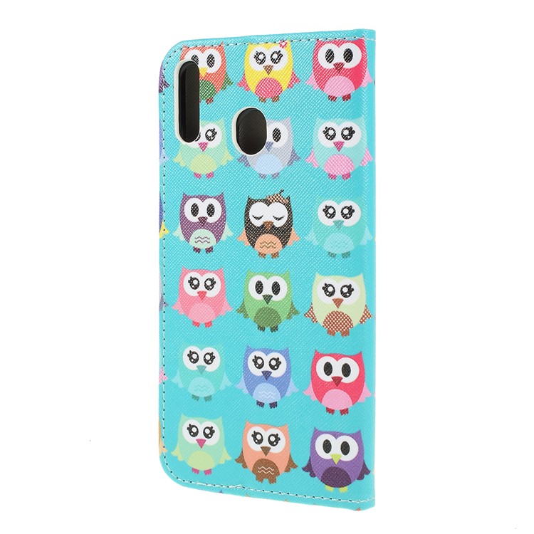 For Samsung Galaxy M20 Cross Texture Patterned Leather Wallet Cover - Cute Owls-5