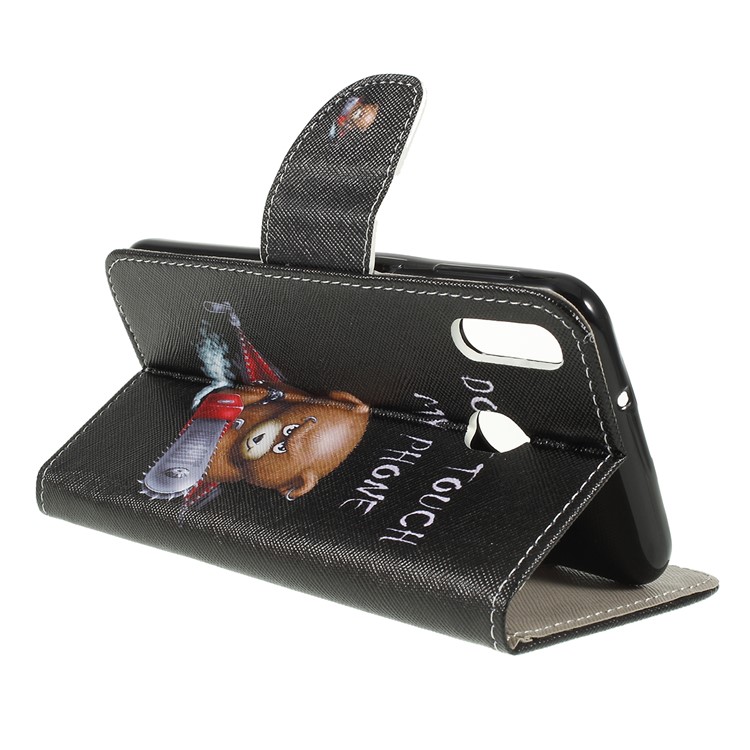 For Samsung Galaxy M20 Cross Texture Patterned Leather Wallet Cover - Angry Bear and Warning Words-3