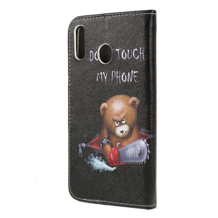 For Samsung Galaxy M20 Cross Texture Patterned Leather Wallet Cover - Angry Bear and Warning Words-5