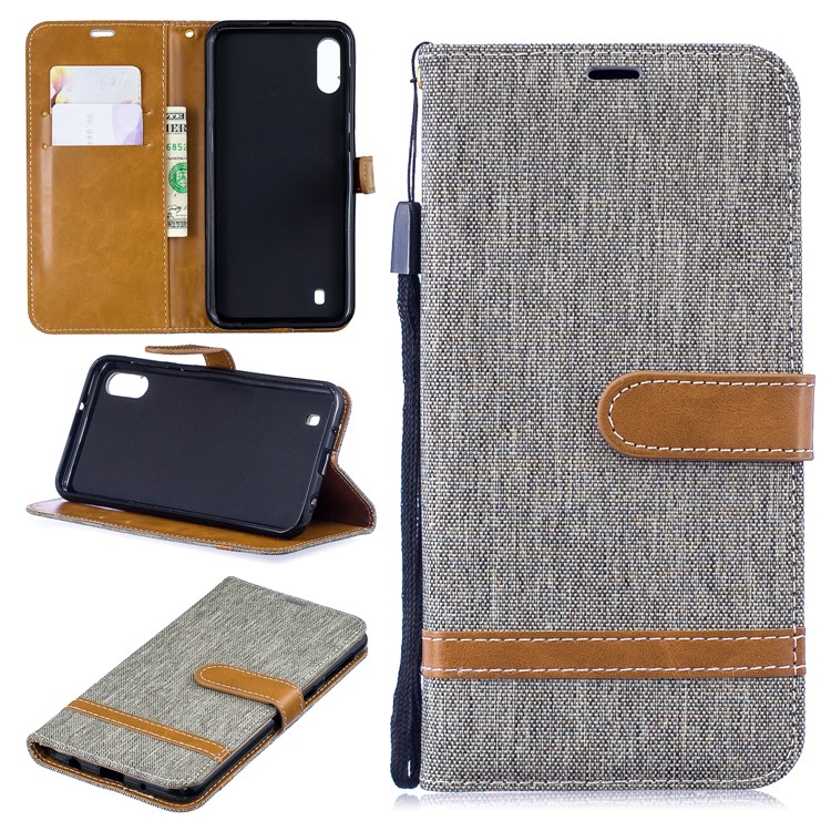 

For Samsung Galaxy M10 Assorted Color Jeans Cloth Wallet Leather Cover Shell - Grey, Galaxy M10