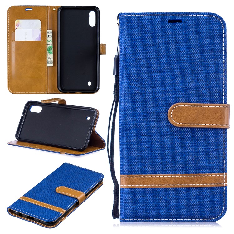 

For Samsung Galaxy M10 Assorted Color Jeans Cloth Wallet Leather Cover Shell - Baby Blue, Galaxy M10