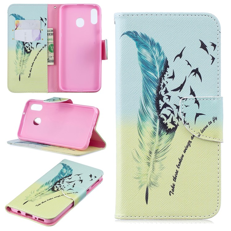 Pattern Printing Wallet Leather Stand Case for Samsung Galaxy M20 - Feather Pattern-1