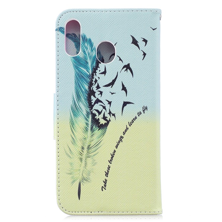 Pattern Printing Wallet Leather Stand Case for Samsung Galaxy M20 - Feather Pattern-3