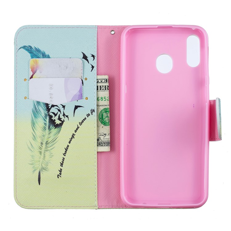 Pattern Printing Wallet Leather Stand Case for Samsung Galaxy M20 - Feather Pattern-4