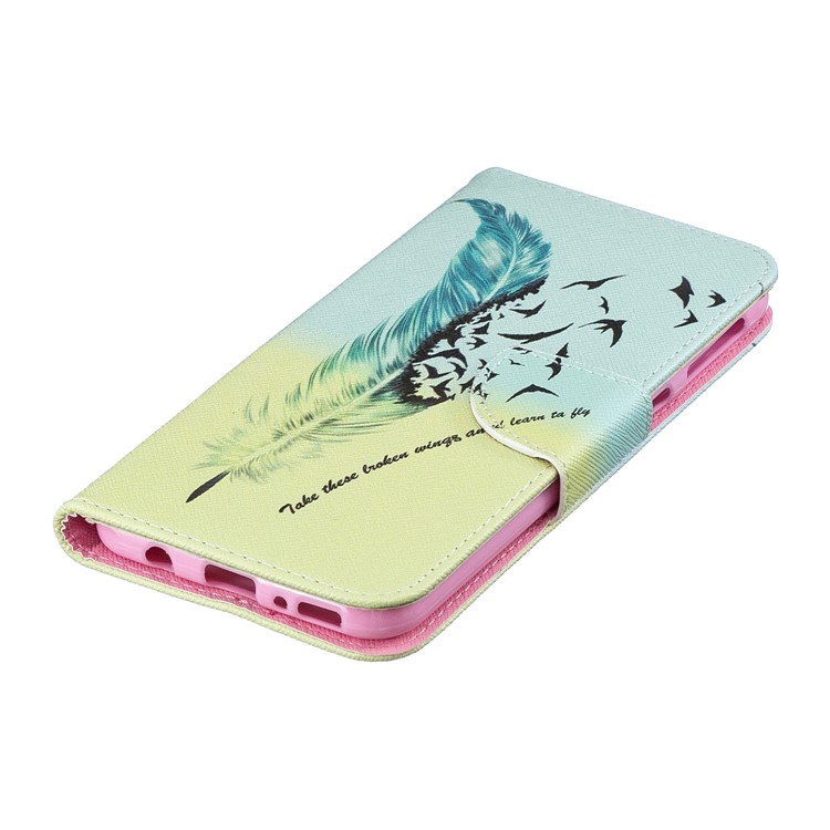 Pattern Printing Wallet Leather Stand Case for Samsung Galaxy M20 - Feather Pattern-7
