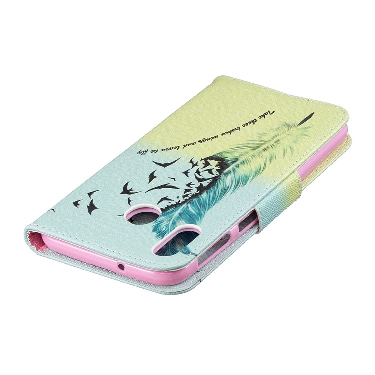 Pattern Printing Wallet Leather Stand Case for Samsung Galaxy M20 - Feather Pattern-8