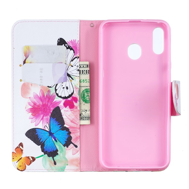 Pattern Printing Wallet Leather Stand Case for Samsung Galaxy M20 - Butterflies and Flowers-4