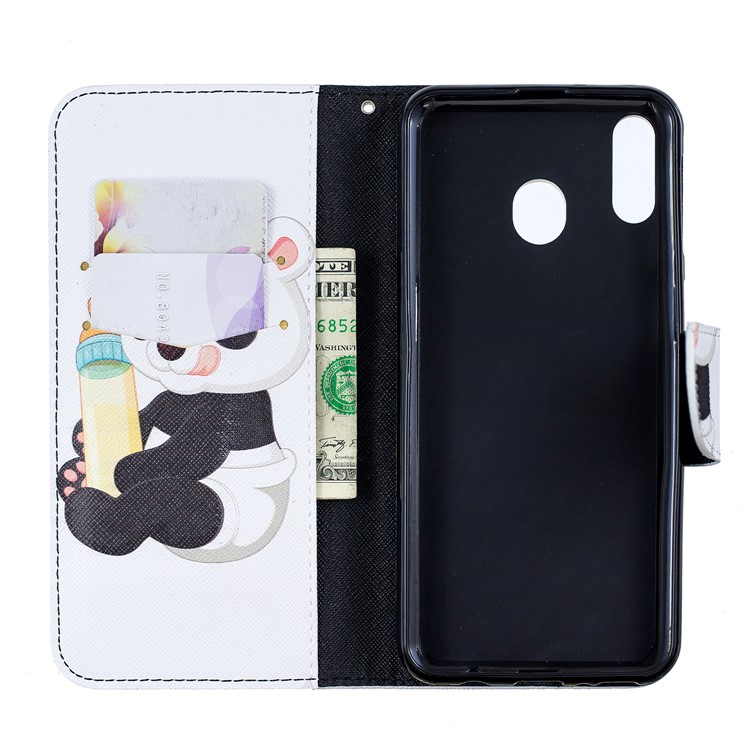 Pattern Printing Wallet Leather Stand Case for Samsung Galaxy M20 - Panda Holding a Bottle-4