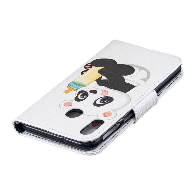 Pattern Printing Wallet Leather Stand Case for Samsung Galaxy M20 - Panda Holding a Bottle-8