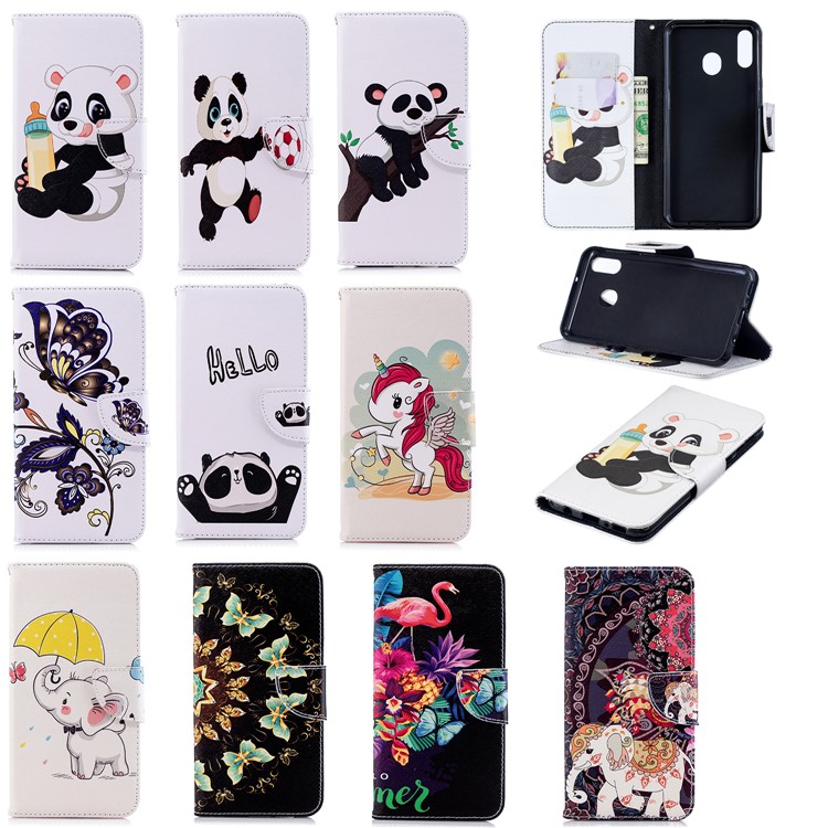 Pattern Printing Wallet Leather Stand Case for Samsung Galaxy M20 - Panda Holding a Bottle-9