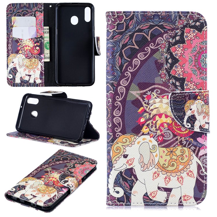 

Pattern Printing Wallet Leather Stand Case for Samsung Galaxy M20 - Flower and Elephant, Galaxy M20