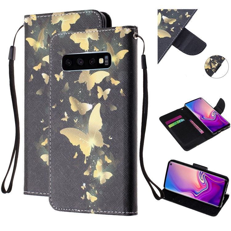 For Samsung Galaxy S10 Patterned Wallet Leather Cell Phone Cover with Strap - Gold Butterfly-1