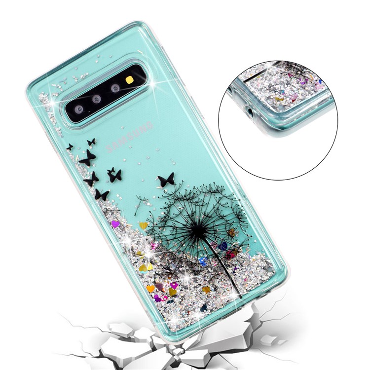 Embossed Pattern Glitter Powder Quicksand TPU Gel Case for Samsung Galaxy S10 - Dandelion and Butterfly-3