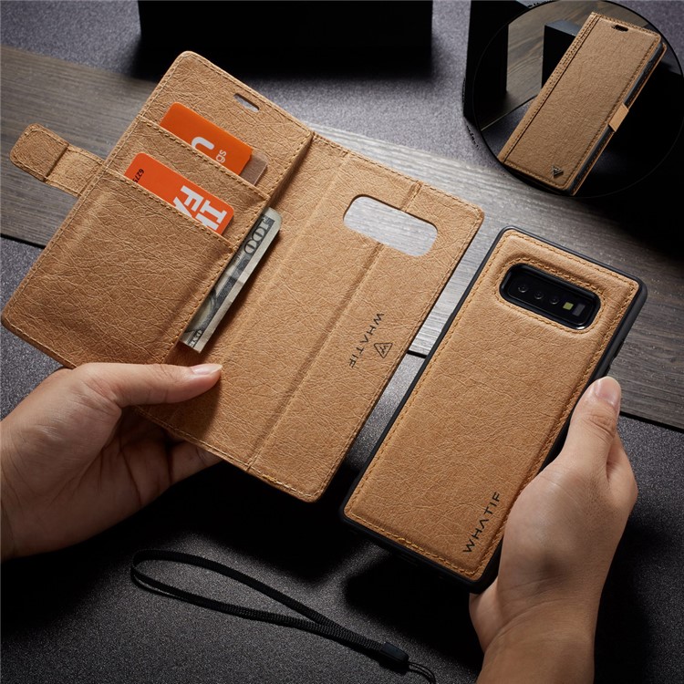 WHATIF for Samsung Galaxy S10 Detachable Waterproof Paper Cover PU Leather Phone Cover - Brown-1
