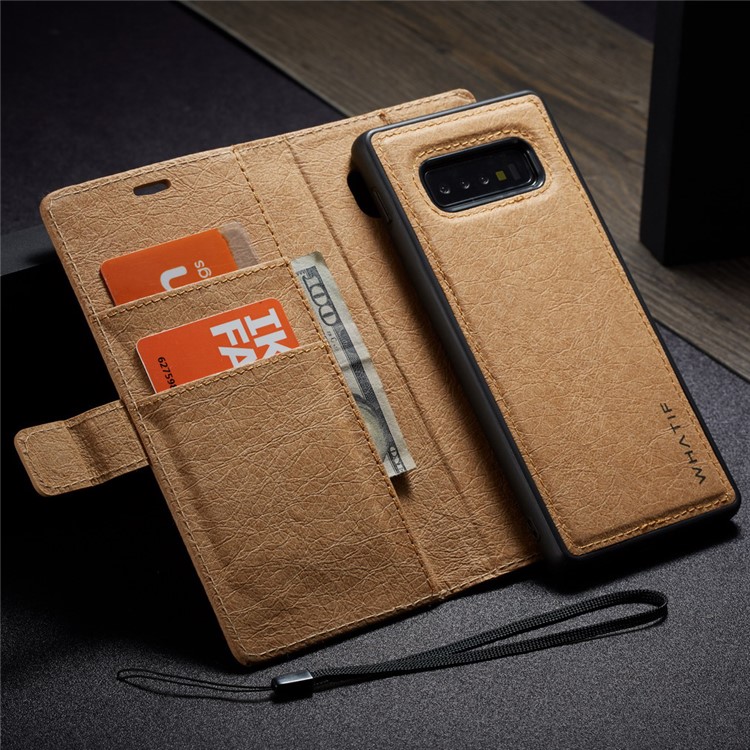 WHATIF for Samsung Galaxy S10 Detachable Waterproof Paper Cover PU Leather Phone Cover - Brown-12
